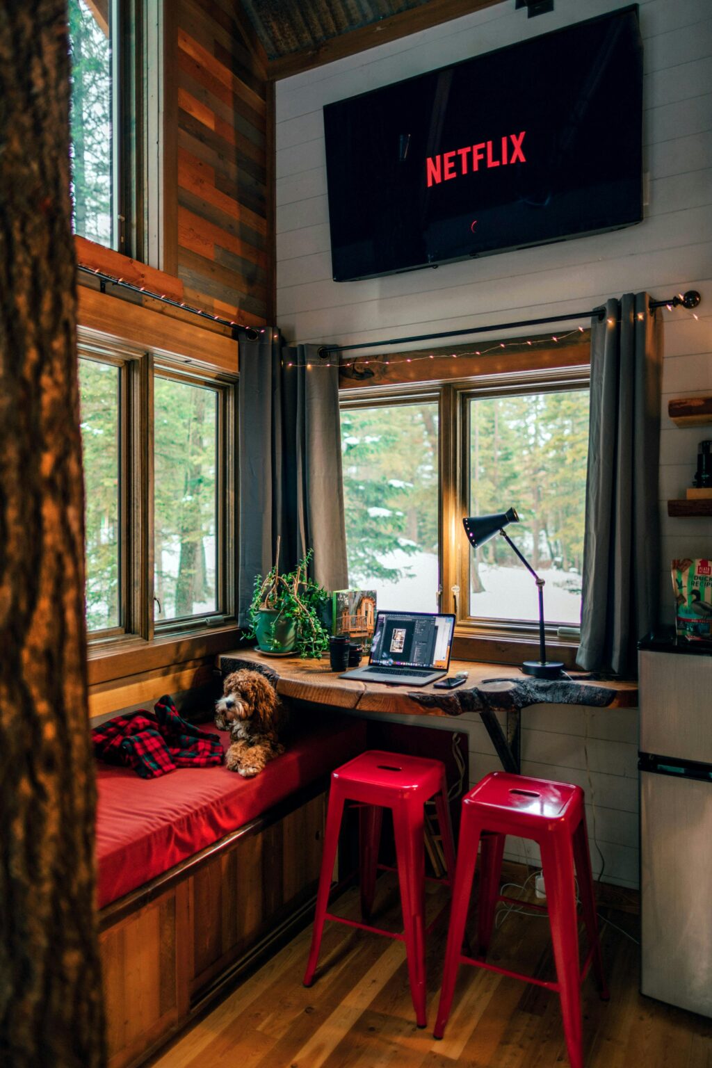 A comfortable cabin interior featuring red stools, a puppy, and Netflix on TV for relaxation.